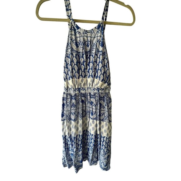 LuLus blue&white lined halter short dress cut outs in back rayon fabric sz M fes - Picture 1 of 10